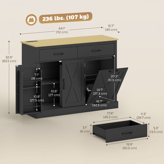 HOMCOM Tilt Out Trash Cabinet with Charging Station, Kitchen Island, Black