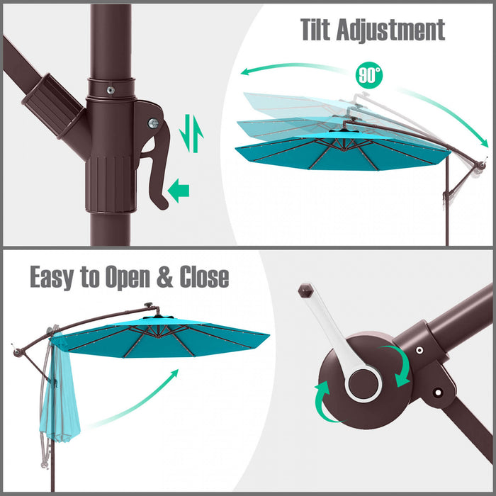 Costway Patio 10FT Hanging Offset Umbrella 32 LED Lights Sand Bag Outdoor Cross Base Turquoise