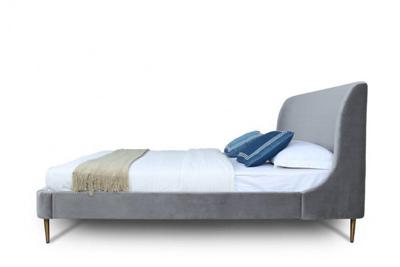 Heather Mid-Century Modern Velvet Upholstered Queen Bed in Gray and Gold