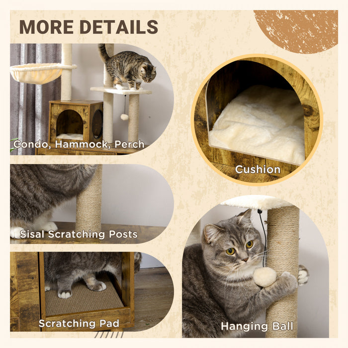 Pawhut Litter Box Enclosure With Cat Tree Tower, Hidden Cat Washroom Furniture With Condo, Scratching Posts, Large Platform, Hammock And Soft Cushion, Rustic Brown