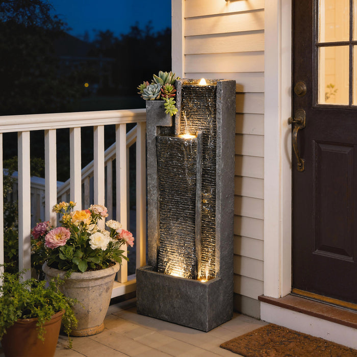 Outsunny Water Fountain with LED Lights, Cascading Waterfall Feature