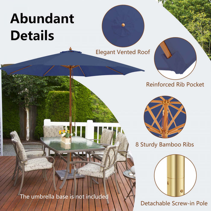 Costway 10FT Patio Wooden Market Table Umbrella Pulley with 8 Bamboo Ribs Sunshade Canopy Navy