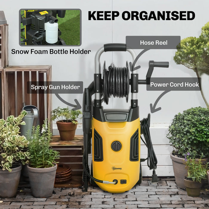 Outsunny Electric Pressure Washer, 1800W High Pressure Washer with 20 ft Outlet Hose, Adjustable Nozzle, 1.9GPM Power Washer with Hose Reel, Steel Handle for Home Patio, Yellow