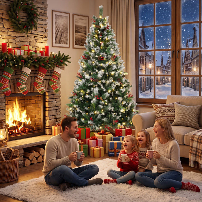 HOMCOM 6ft Flocked Prelit Christmas Tree Spruce, Dual Colour LEDs, Remote