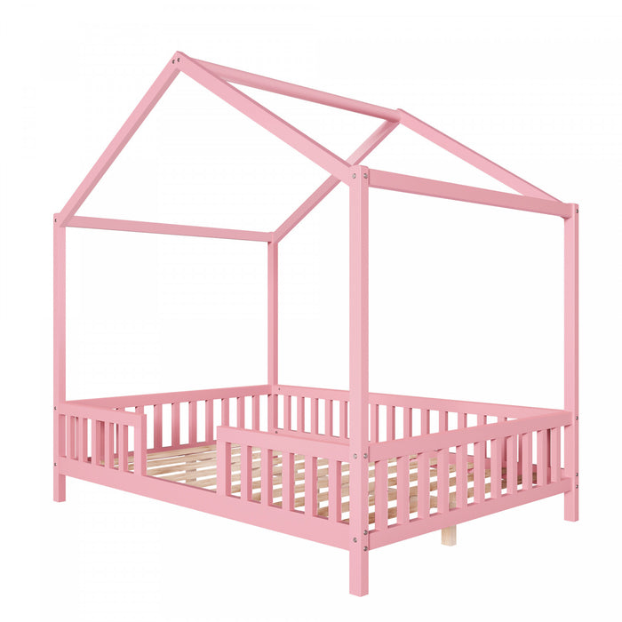 Paul Montessori Floor Bed with Canopy and High Railings,Full Size, Pink Full Bed