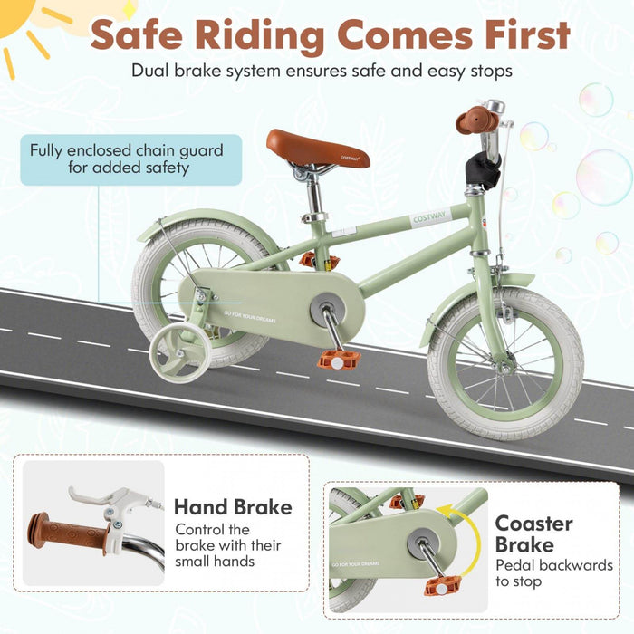 Costway 12\" Kids Bike With Adjustable Saddle Handlebar Removable Training Wheels Handbrake Green