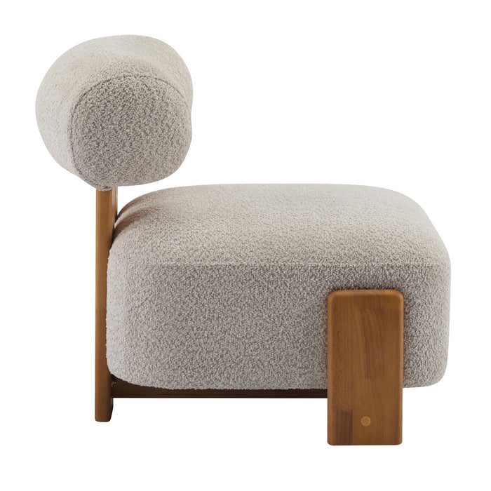 Luma Modern Boucle Lounge Chair with Rolled Backrest and Solid Wood Frame, Almond, Natural