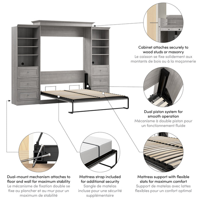 Bestar Versatile Queen Murphy Bed and Two Closet Organizers with Drawers (115 W) - Platinum Grey