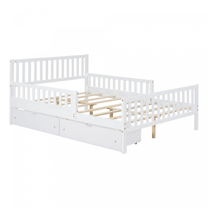 Emma Wood Platform Bed with Guardrails and Storage Drawers,Full Size - White