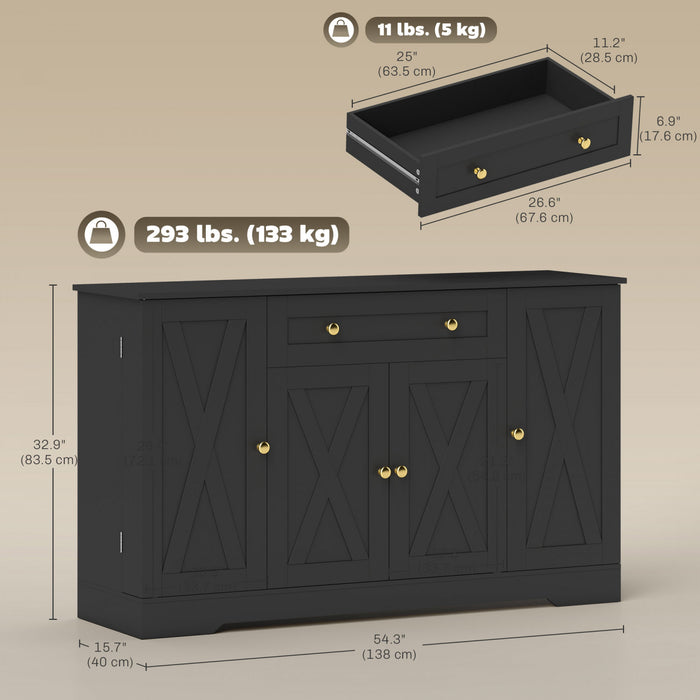 HOMCOM 54\" Sideboard Buffet Cabinet, Farmhouse Kitchen Cabinet, Black