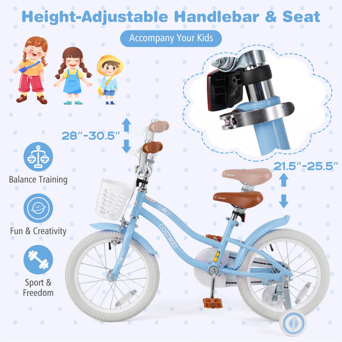 Costway 16\" Kids Bike Toddler Adjustable Bicycle With Training Wheel For 4-7 Years Old Girl Blue