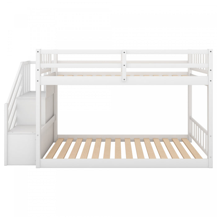 Joanna Twin Floor Solid Wood Bunk Bed With Storage Ladder, Low Height Design, White