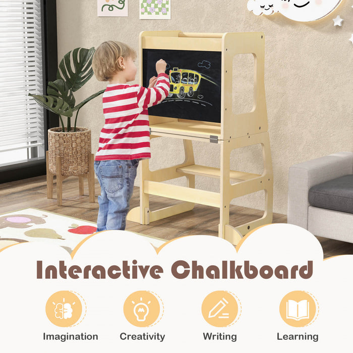 Costway 3-in-1 Foldable Kitchen Standing Tower For Toddlers With Chalkboard Weaning Table Natural
