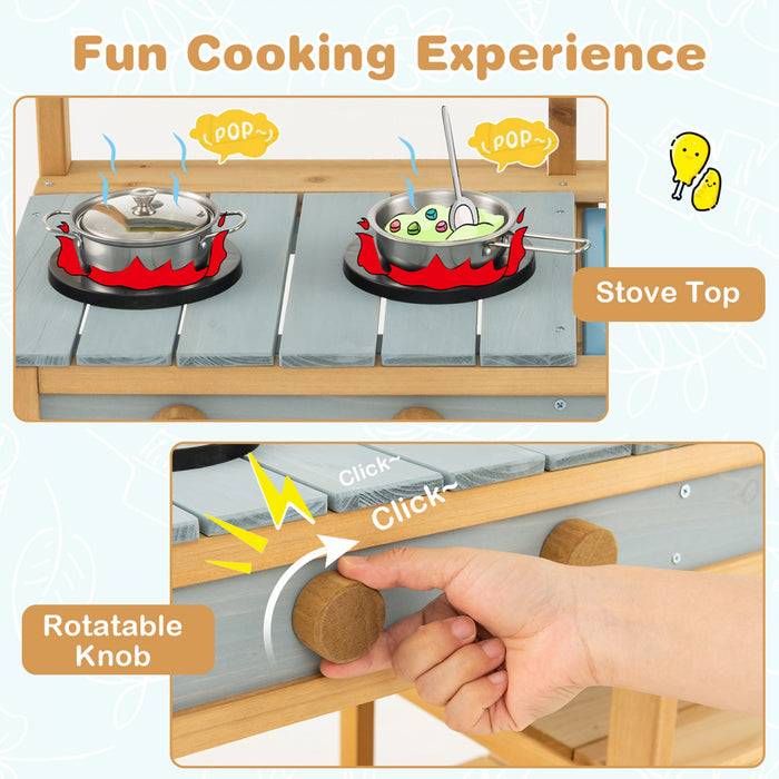 Costway Wooden Play Kitchen Set, Outdoor Kid's Mud Kitchen With Faucet & Water Box