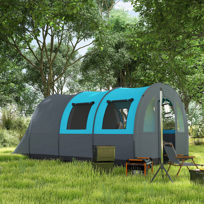 Outsunny 5-6 Person Camping Tent, Waterproof Tunnel Family Tent, Grey/blue