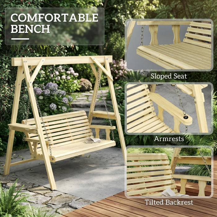 Outsunny 3 Seat Porch Swing with Stand and Side Tables, Natural Wood
