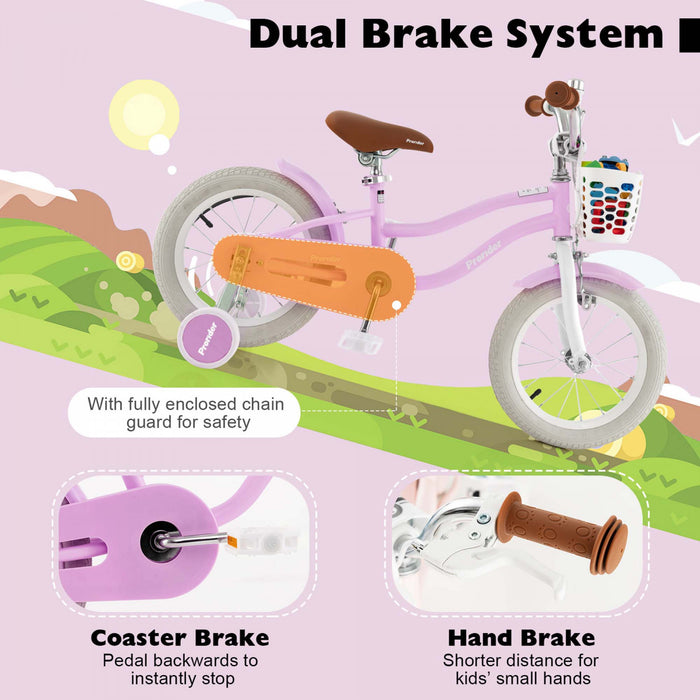 Costway 14\" Kid's Bike With Removable Training Wheels & Basket For 3-5 Years Old Purple