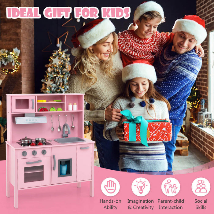 Costway Kids Kitchen Playset Wooden Pretend Play Chef Toy With Microwave & Accessories Pink