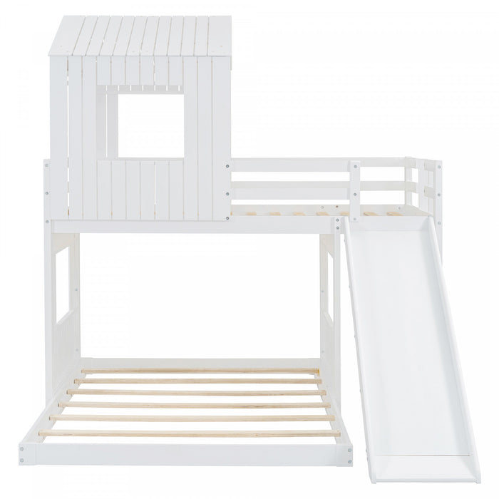 Marico Twin Over Solid Wood Full Bunk Bed With Slide, Playhouse Design, White