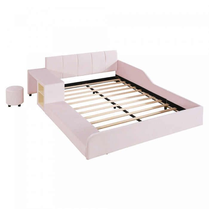 Lily Velvet Upholstered Grounded Bed with Desk and Stool,Full Size,Pink Full Bed