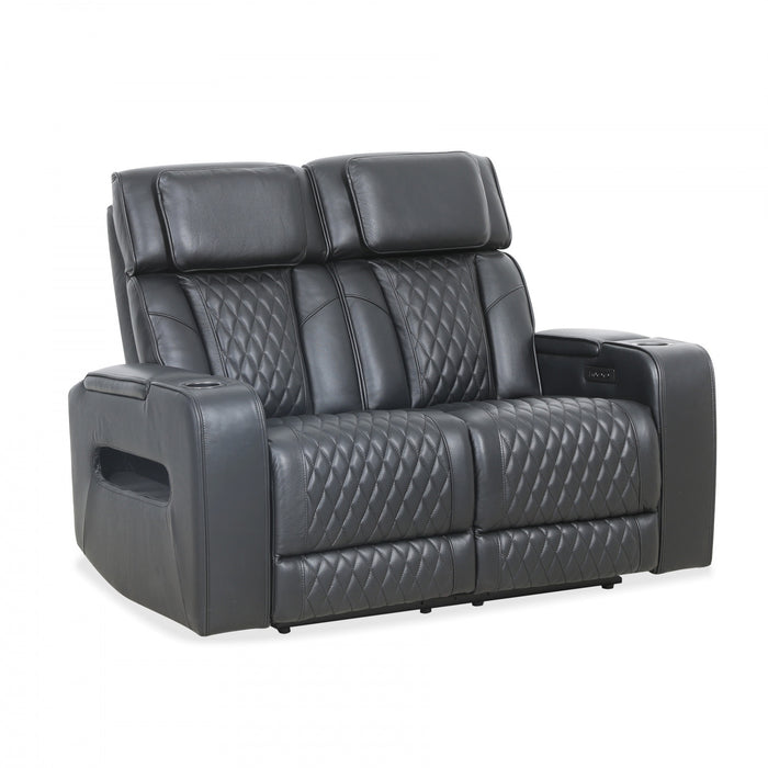 Kingsley 58 in. Leather Match Power Reclining Loveseat with Armrest Storage and USB - Black