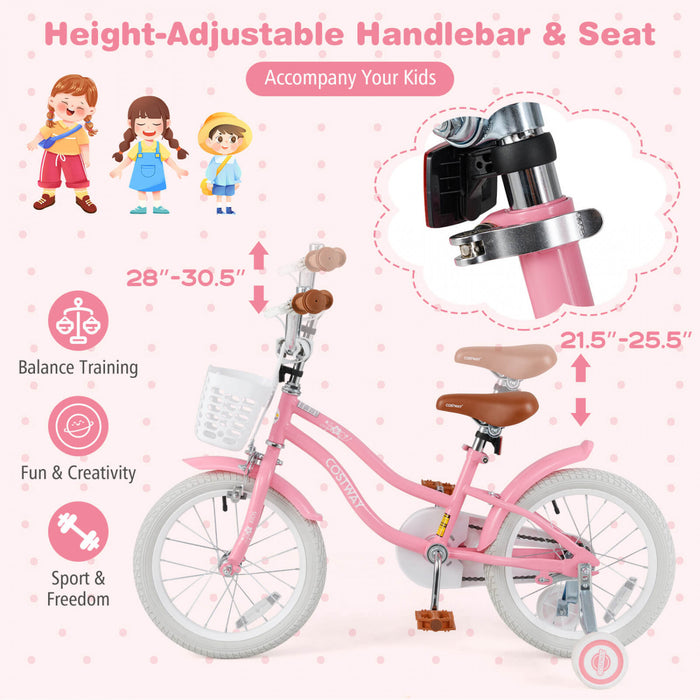 Costway 16\" Kids Bike Toddler Adjustable Bicycle With Training Wheel For 4-7 Years Old Girl Pink