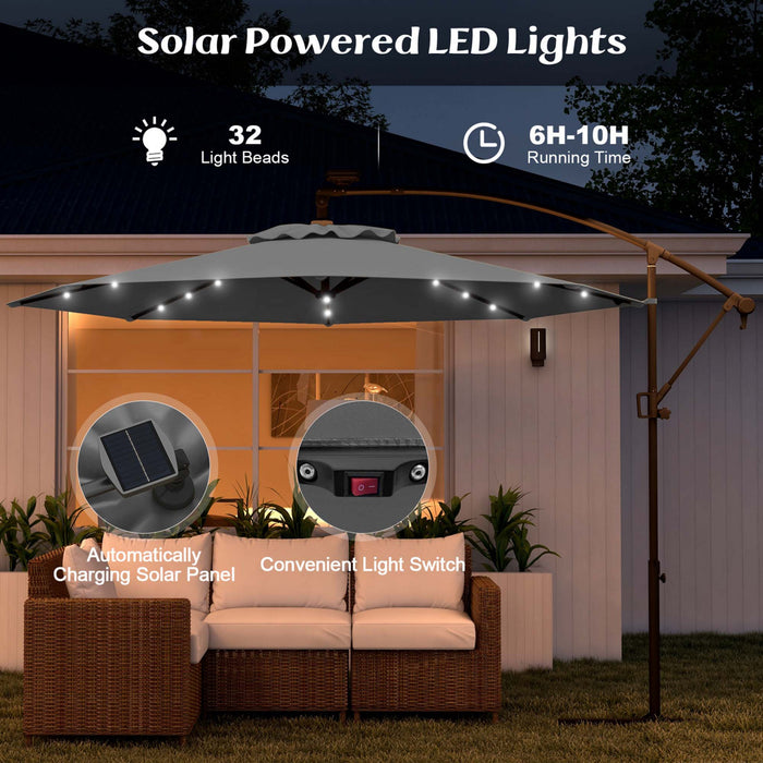 Costway 10FT Patio Offset Umbrella Sun Shade Solar Powered LED 360° Rotation Gray