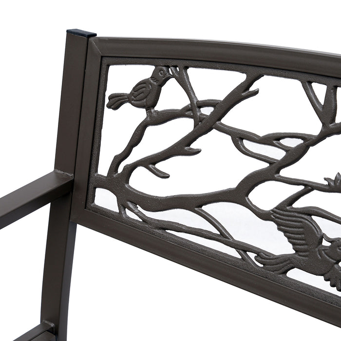 Outsunny 50\" Outdoor Metal Garden Bench With Vintage Bird Pattern, Brown