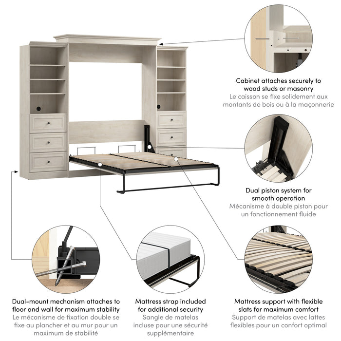 Bestar Versatile Queen Murphy Bed and Two Closet Organizers with Drawers (115 W) - Linen White Oak