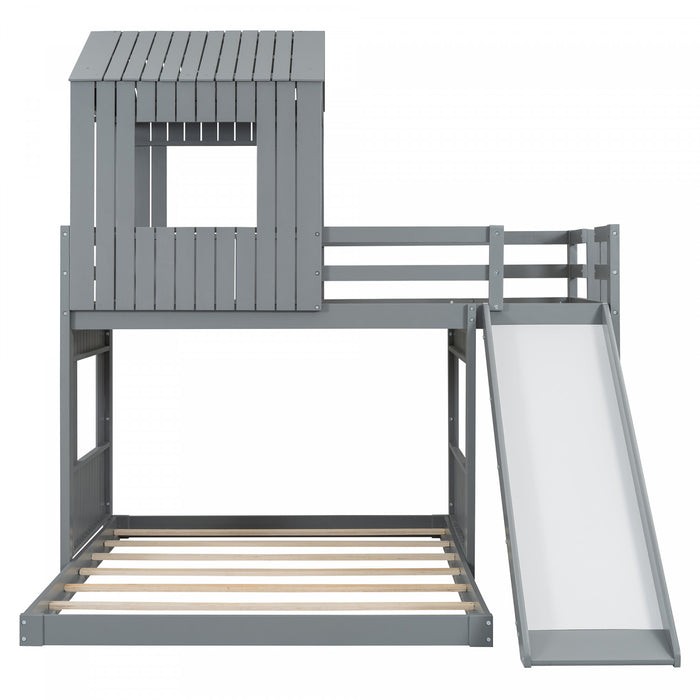 Marico Twin Over Solid Wood Full Bunk Bed With Slide, Playhouse Design, Grey