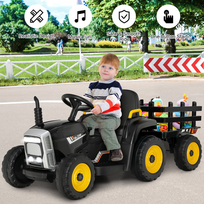 Costway 12v Kids Ride On Tractor With Trailer Ground Loader W/ Rc & Lights Dark Black
