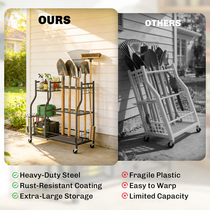 Outsunny Garden Tool Organizer for Garage, 3-Tier Yard Tool Storage Rack with 32 Slots, 4 Wheels, Shelves, 11 Hooks for Long-Handled Shovels and Rakes for Shed, Yard, Patio, Black
