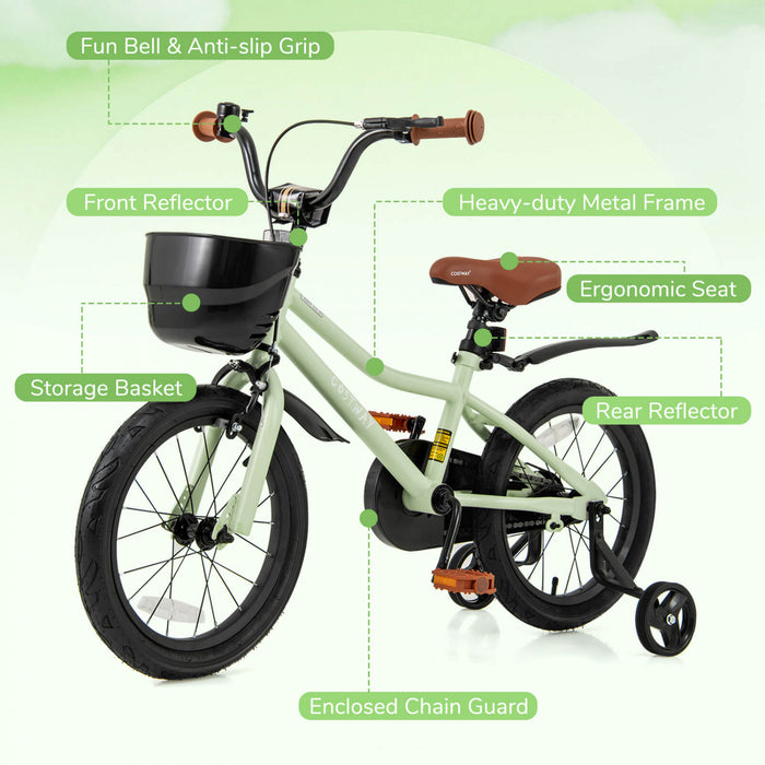 Costway 16\" Kid's Bike With Training Wheels Adjustable Handlebar & Seat Handbrake Green