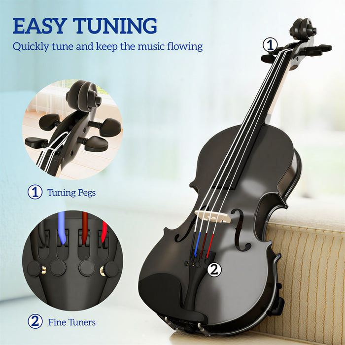HOMCOM 4/4 Full Size Violin Kit, Musical Instrument Fiddle Kit, Wood Acoustic Violin Set for Beginners, Adults, Students with Bow, Hard Case, Rosin, Bridge, Shoulder Rest, Black