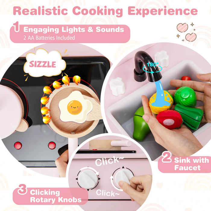 Costway Kids Kitchen Playset With Light Up Stove & Cooking Sounds Oven Sink Faucet Pink