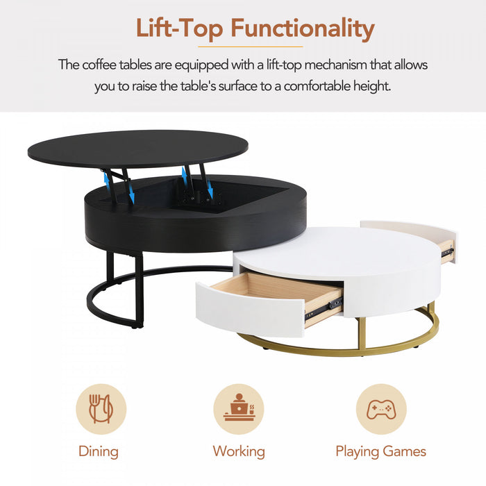 Sherry 31.5\" Round Engineered Wood Lift-top Nesting Coffee Table With Drawers, Black