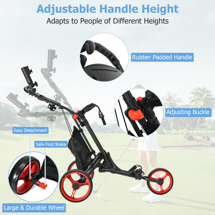 Goplus Folding 3 Wheels Golf Push Cart W/bag Scoreboard Adjustable Handle Red