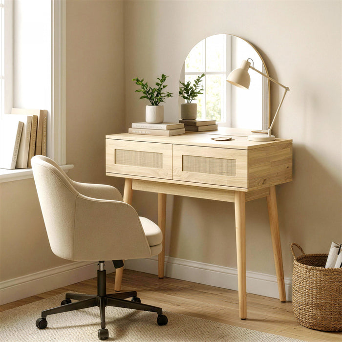 HOMCOM Vanity Desk with Mirror, Makeup Vanity with 2 Drawers, Natural Wood