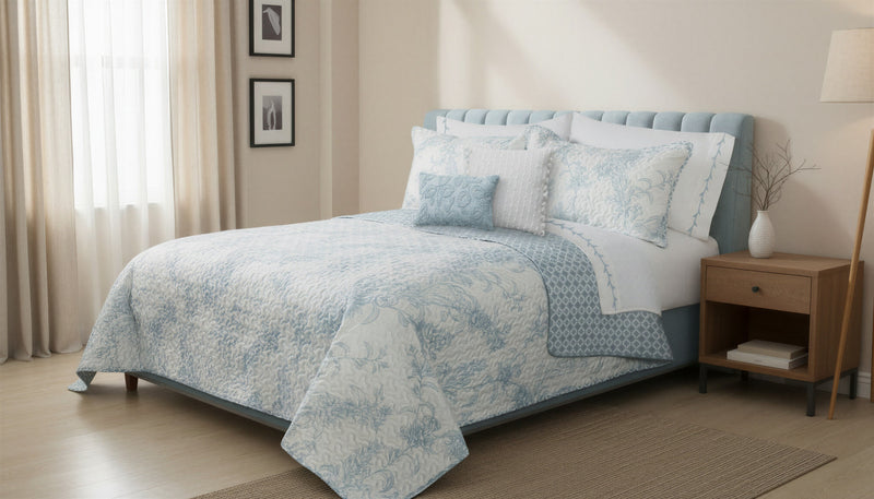 Reversible 3-Piece King Quilt Set, Blue & White Floral Microfiber Bedding