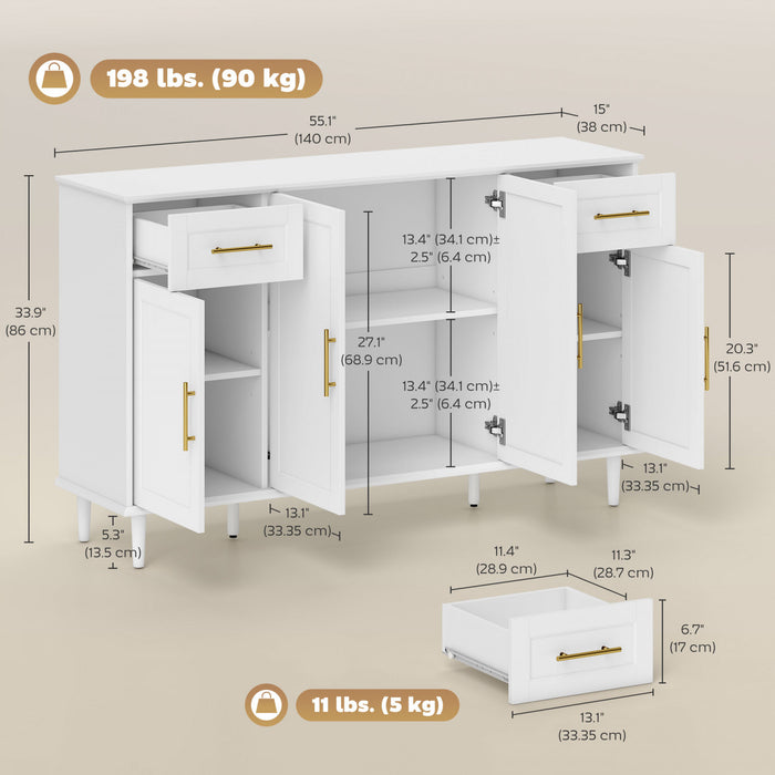 HOMCOM 55\" Modern Sideboard Buffet Cabinet with Soft-Close Doors White