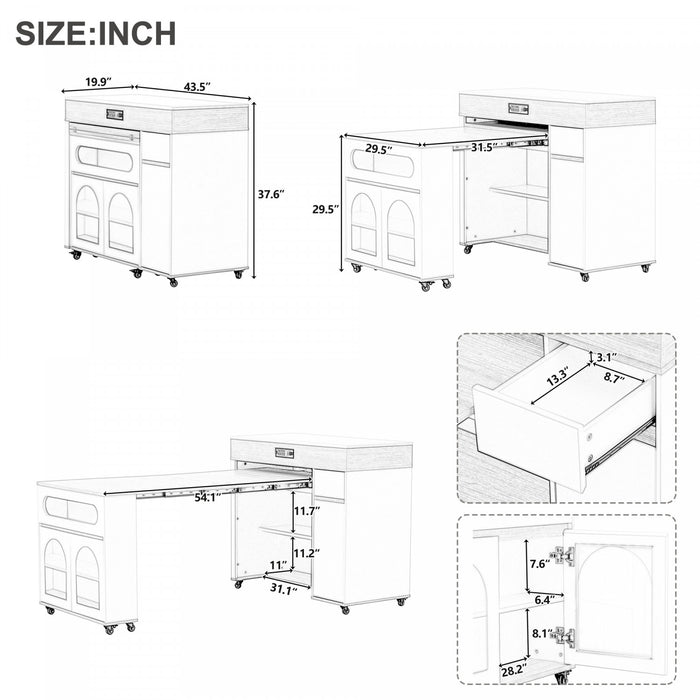 Avery Extendable Dining Table with Rolling Kitchen Island,White