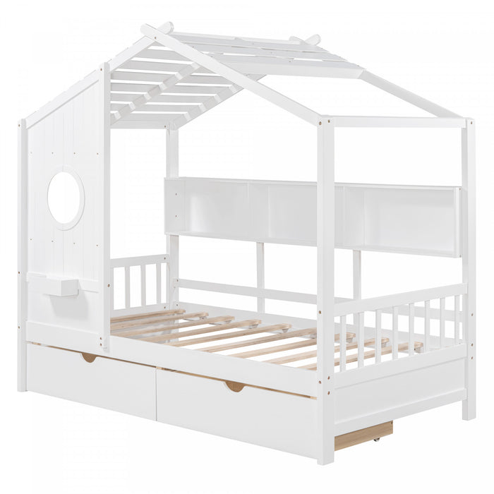 Jeames Wood House Bed with 2 Storage Drawers and Shelf,Twin Size - White