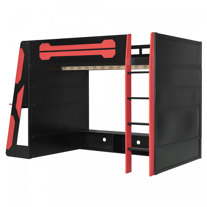 Olivia Wood Loft Bed with Desk and Multi-storage Shelves,RGB Light,Red Full Bed