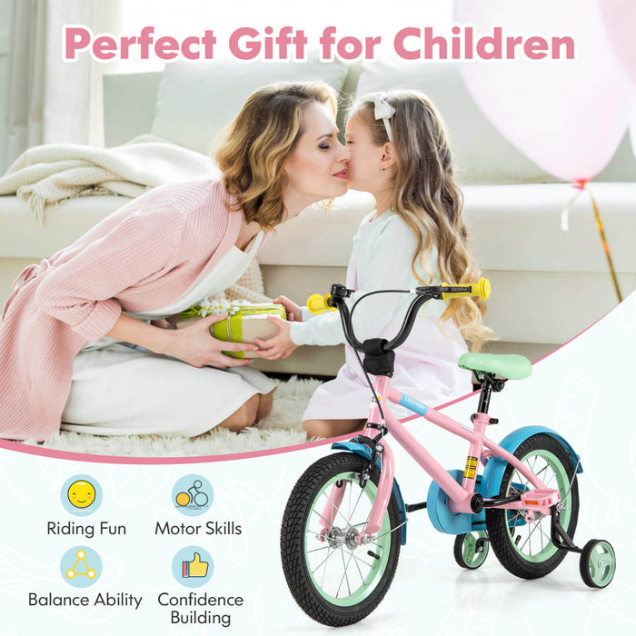 Costway 14\" Kids Bike With Adjustable Saddle Handlebar Removable Training Wheels Handbrake Pink