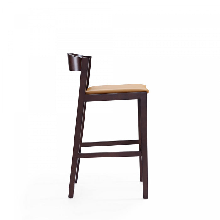 Klismos Mid-Century Modern Wood Upholstered Counter Stool in Camel - Set of 3