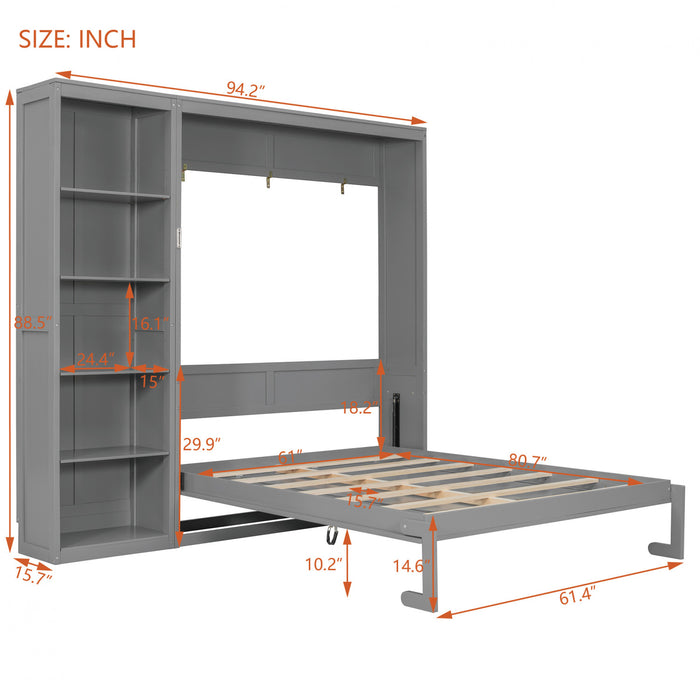 Jessie Space-Saving Multi-Functional Wall Bed with Shelves,Queen Size,Grey Queen Bed