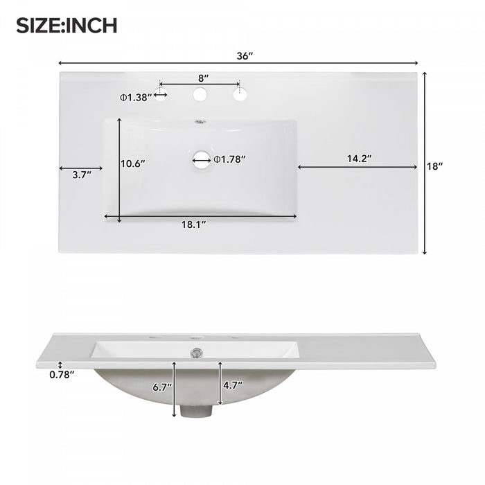 Derek 36 Inch Modern Bathroom Vanity with Ceramic Sink & Multi Storage, Grey