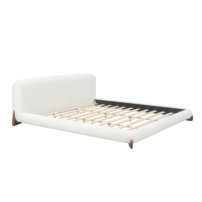 Harper Low Profile Boucle Upholstered Platform Bed Thick Curved Headboard,California King,Cream White King Bed
