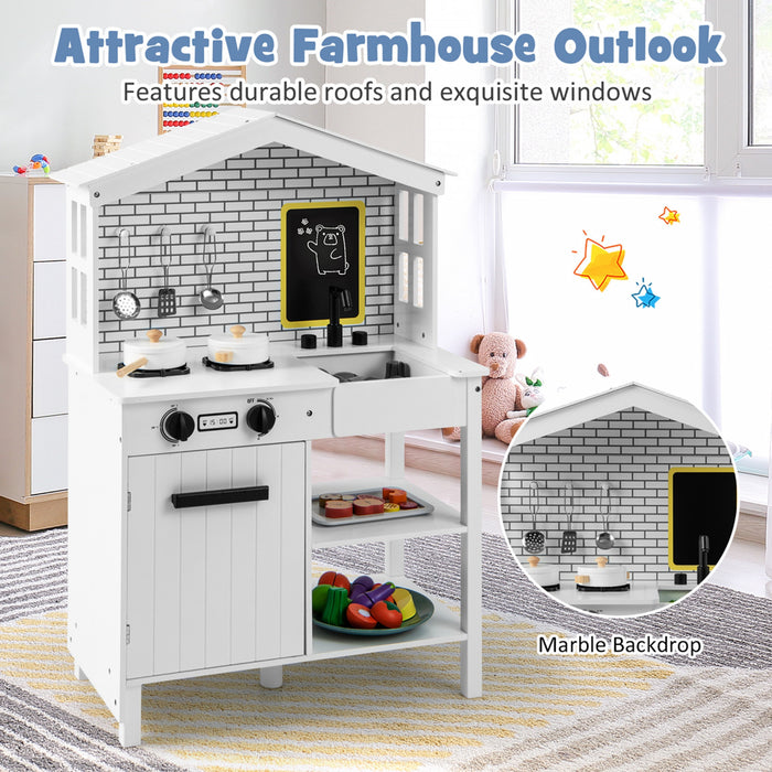 Costway Kids Farmhouse Kitchen Play Set Wooden Pretend Toy With Storage & Accessories