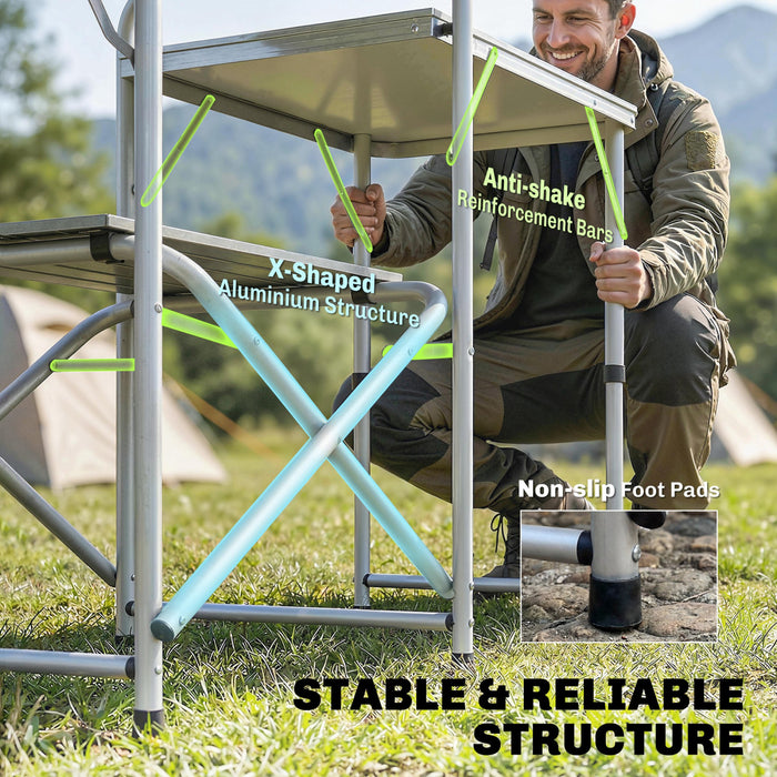 Outsunny Folding Camping Kitchen Table with Storage, Aluminum Portable Camping Table with 3 Fabric Cupboards, Windshield, Light Stand, Carrying Bag for BBQ, RV, Picnic, Blue